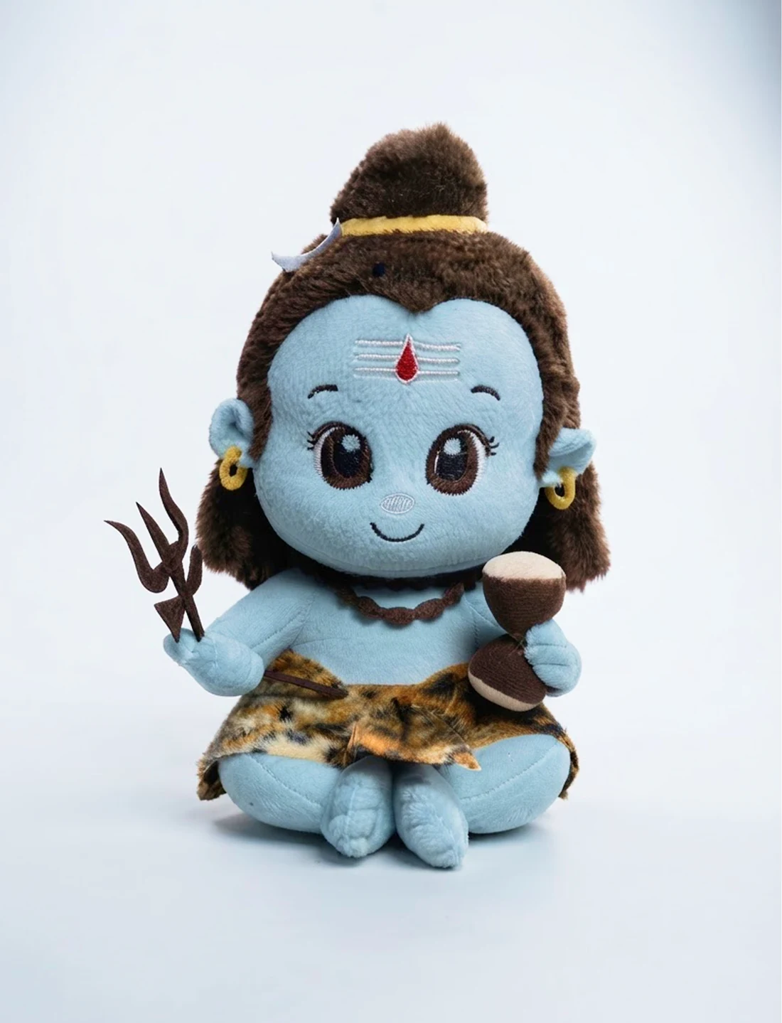 Custom Lord Shiva plush toys with blue skin, crescent moon, trishul, and damru, shown from the front and side, made in India