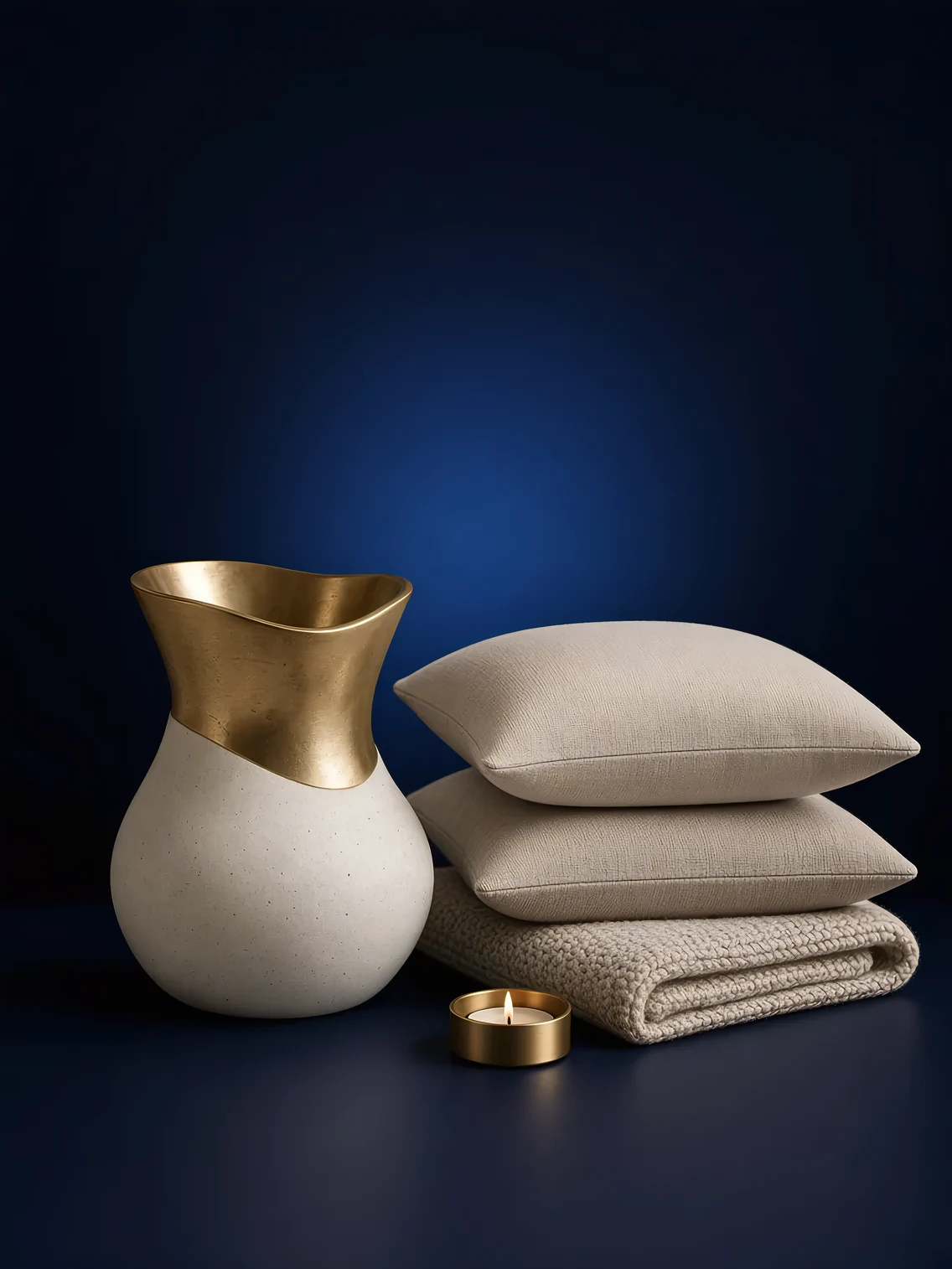Linen cushions, knit throw, ceramic vase, and brass tealight holder on a deep blue studio backdrop
