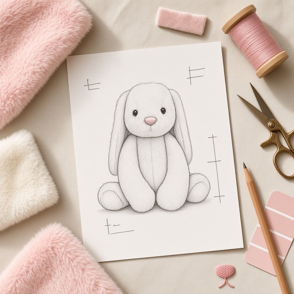 Pencil sketch of a bunny plush surrounded by pink faux-fur swatches, thread, scissors and colour chips