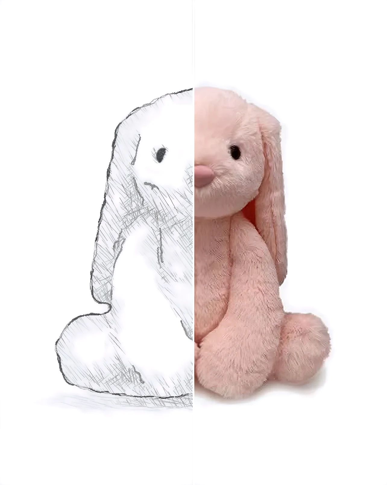 A bunny soft toy shown half as a pencil sketch and half as the finished plush