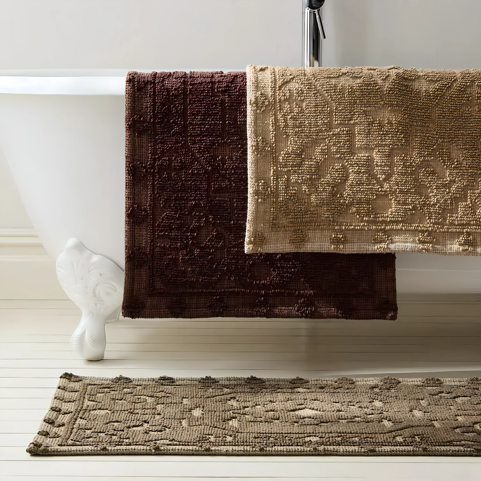 Tufted bath mats in burgundy, sand, and taupe